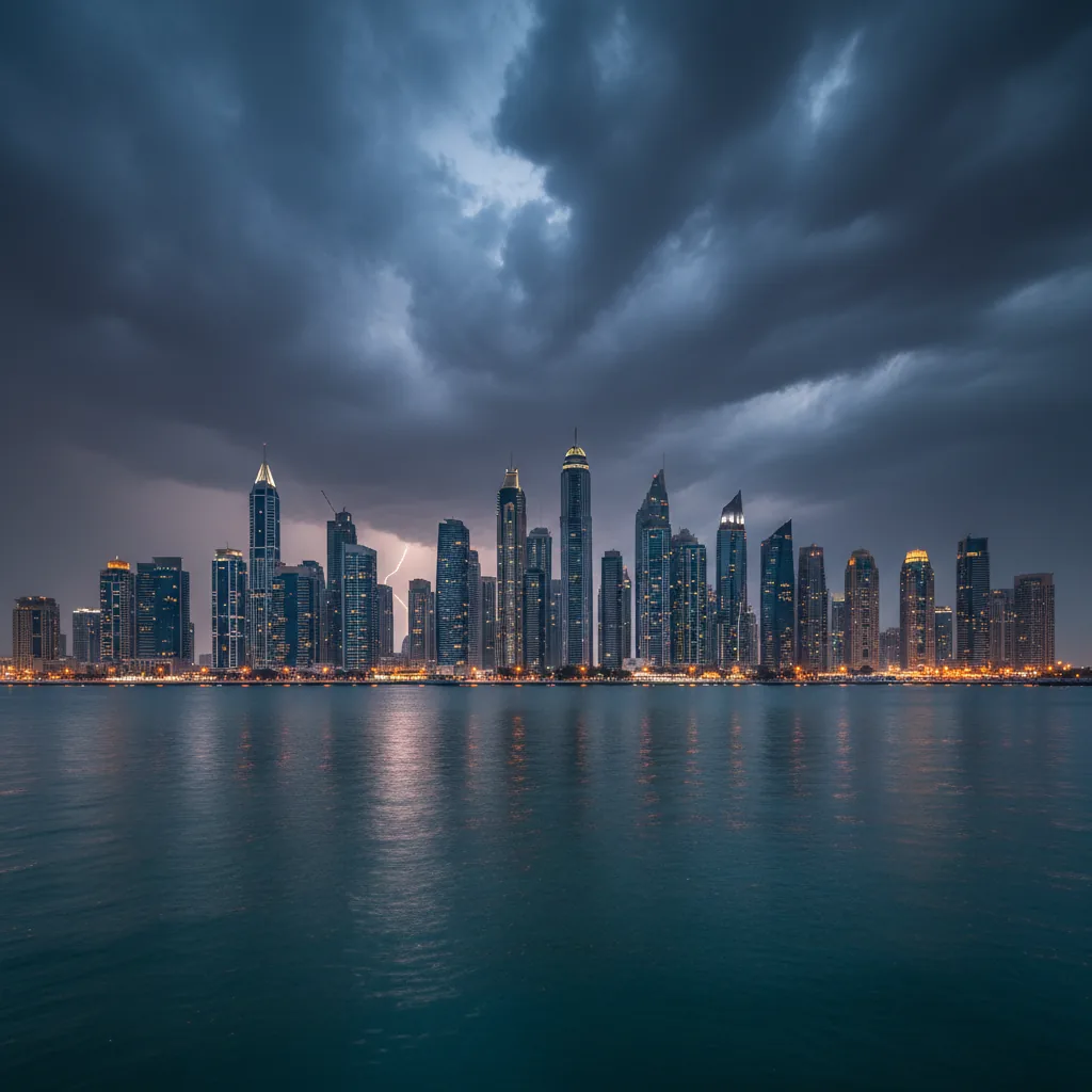 Dubai skyline storm clouds safety report