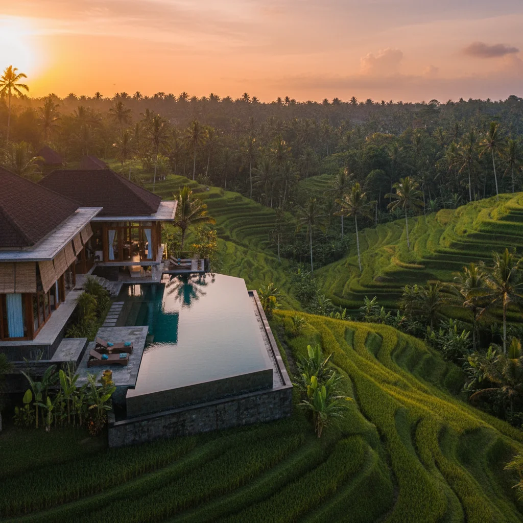 Luxury Bali villa with infinity pool overlooking rice terraces at golden hour